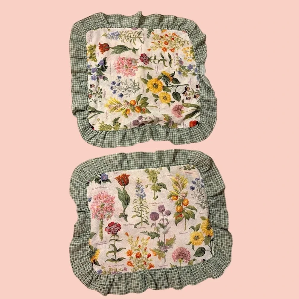 Vintage Botanical Floral Ruffle Pillowcases Set of 2 Gingham Green White Square